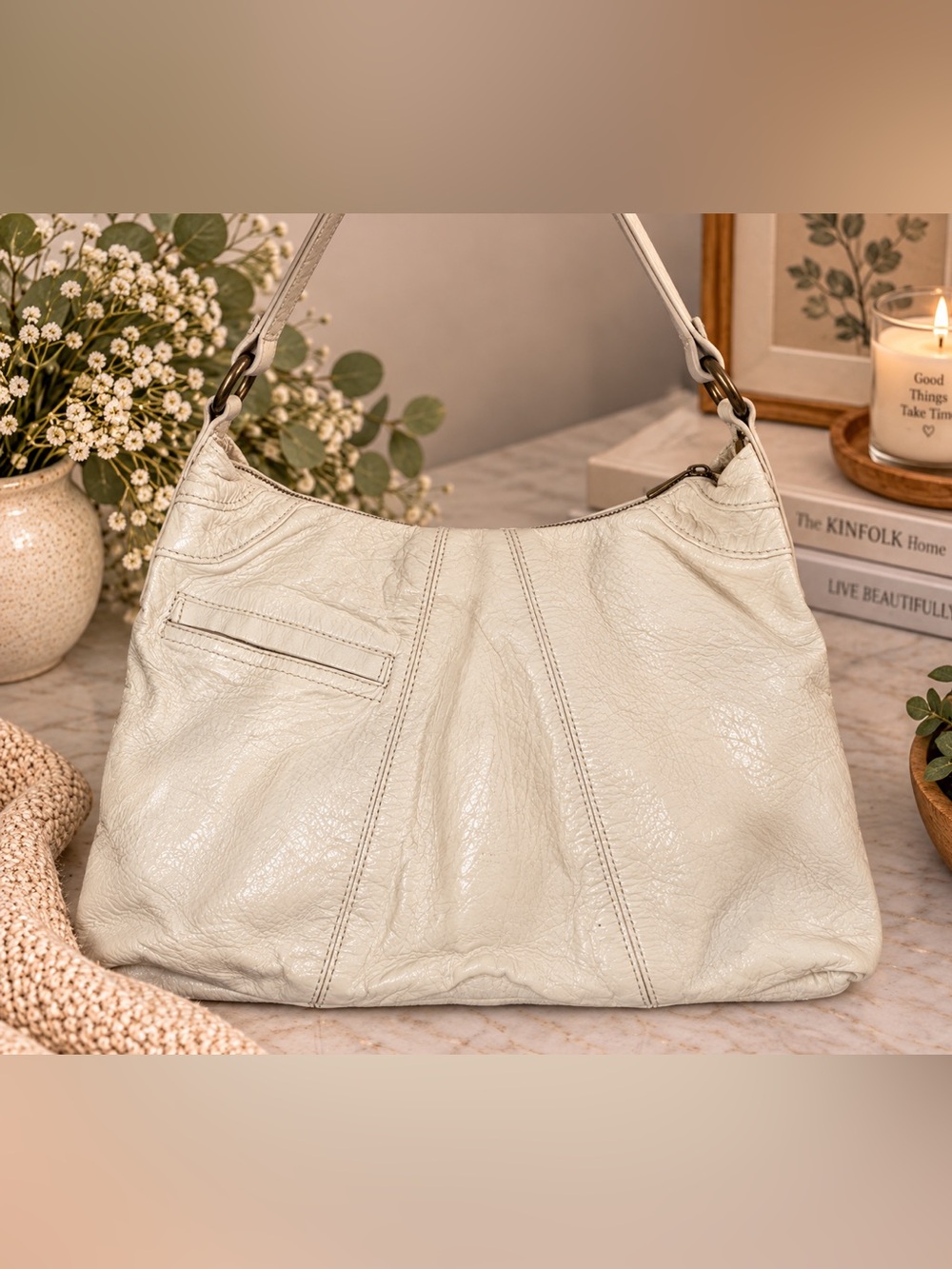 HOBO International Cream Patent Leather Slouchy Shoulder Bag
